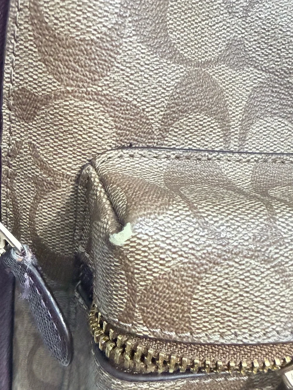 Coach Brown Signature Canvas Backpack and Wallet with Purple Trim